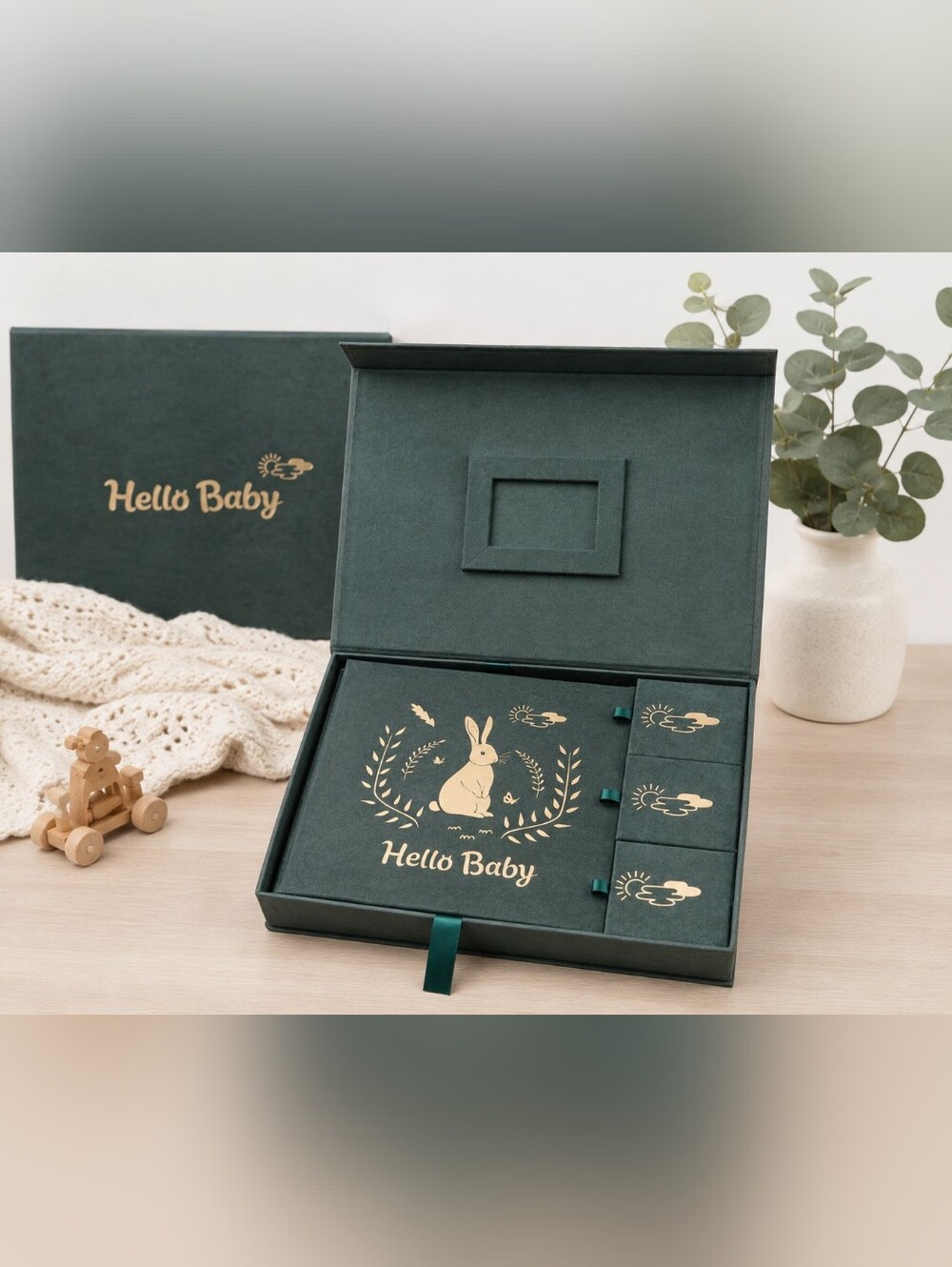 Hello Baby Velvet Baby Memory Book & Keepsake Box Set Green Woodland Bunny